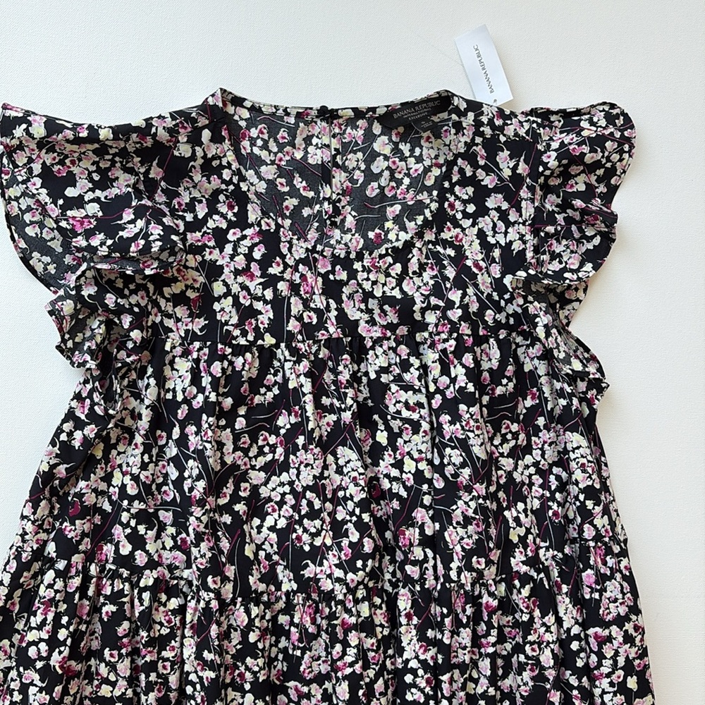 Banana Republic Poplin Cotton Tiered Floral Dress-NWT- Black/Pink- Size SMALL - Picture 10 of 12